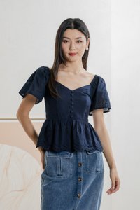 Brinia Ribbon Eyelet Button Top In Navy