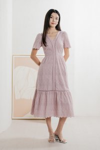 Lindsay Eyelet V neck Midi Dress In Pink (XS)