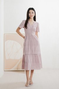 Lindsay Eyelet V neck Midi Dress In Pink (XS)