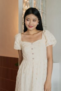 Noah Flower Button Eyelet Midi Dress In Cream