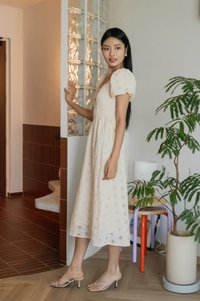 Noah Flower Button Eyelet Midi Dress In Cream