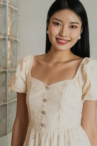 Noah Flower Button Eyelet Midi Dress In Cream