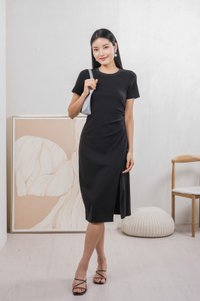 Osborn Side Ruched Midi Dress In Black