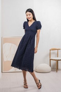 Hansel Eyelet Empire Midi Dress In Navy