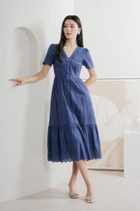 Lindsay Eyelet V neck Midi Dress In Blue