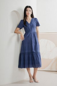 Lindsay Eyelet V neck Midi Dress In Blue