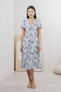 Roslin Printed Button Midi Dress In Navy (S)