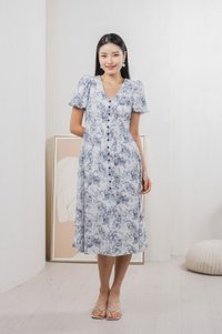 Roslin Printed Button Midi Dress In Navy (S)