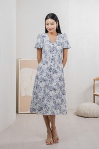 Roslin Printed Button Midi Dress In Navy (S)