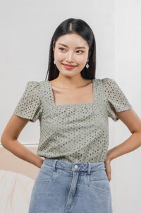 Selina Eyelet Square Neck Top In Sage