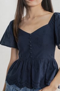 Brinia Ribbon Eyelet Button Top In Navy