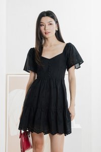 Brinia Ribbon Eyelet Button Dress In Black