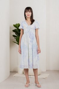 Horizon Watercolour Eyelet Midi Dress In Blue