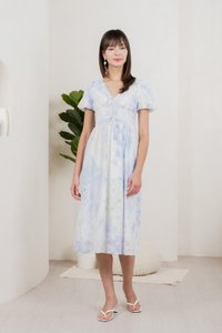 Horizon Watercolour Eyelet Midi Dress In Blue