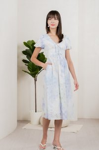 Horizon Watercolour Eyelet Midi Dress In Blue