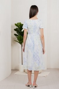Horizon Watercolour Eyelet Midi Dress In Blue