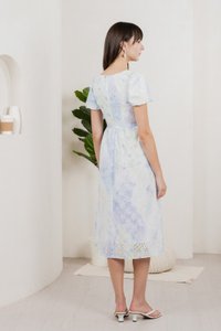 Horizon Watercolour Eyelet Midi Dress In Blue