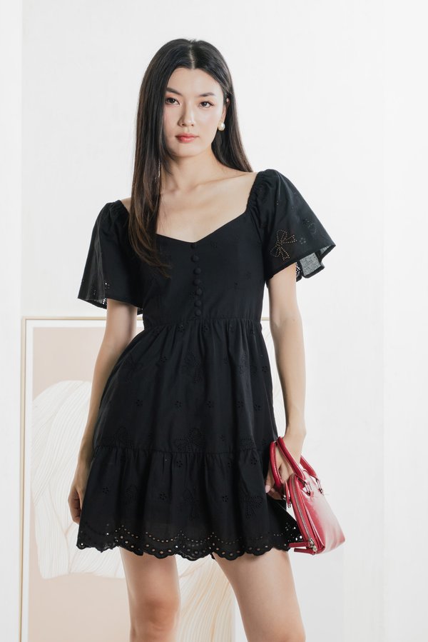 Brinia Ribbon Eyelet Button Dress In Black