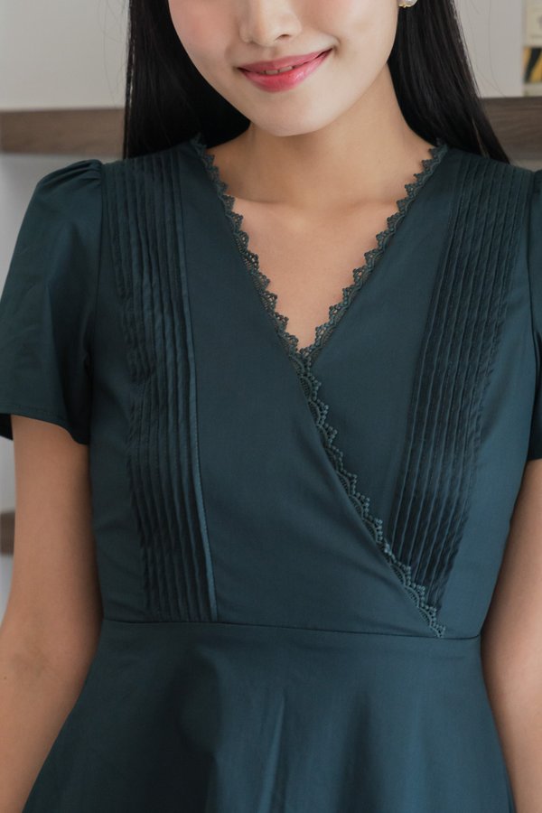 Mal Pintuck Overlap Midi Dress In Emerald