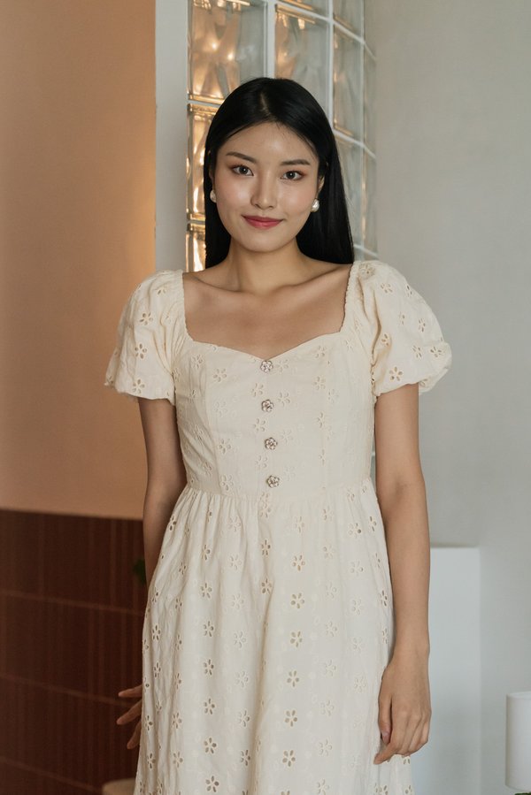 Noah Flower Button Eyelet Midi Dress In Cream