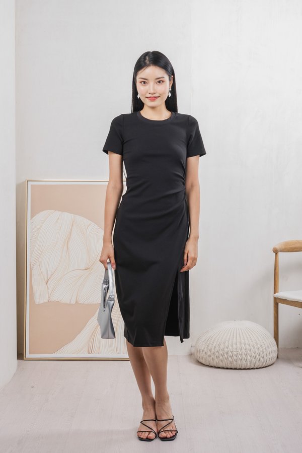 Osborn Side Ruched Midi Dress In Black