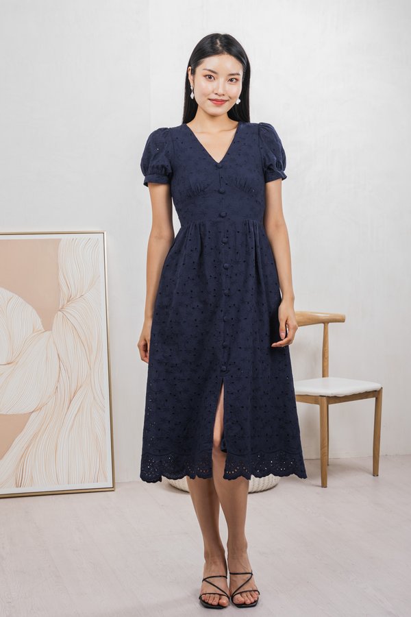 Hansel Eyelet Empire Midi Dress In Navy