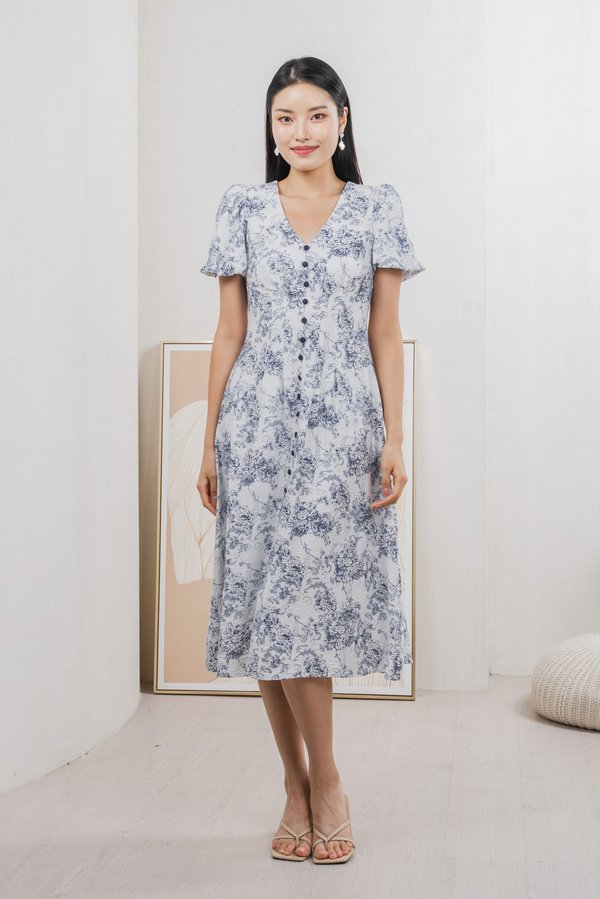Roslin Printed Button Midi Dress In Navy (S)