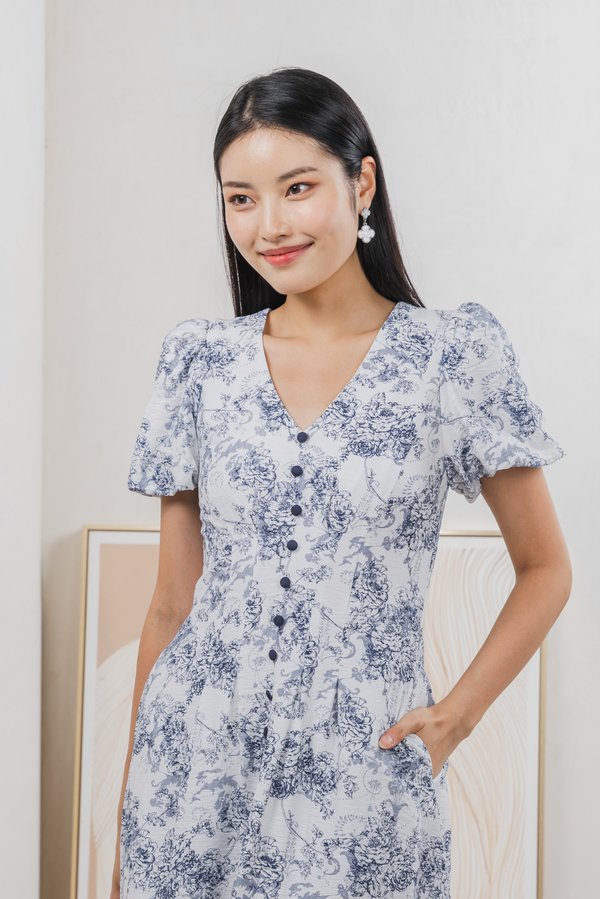 Roslin Printed Button Midi Dress In Navy (S)