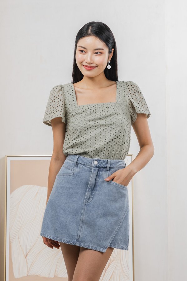 Selina Eyelet Square Neck Top In Sage