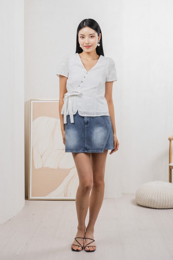 Raye Ribbon Faux Wrap Top In White