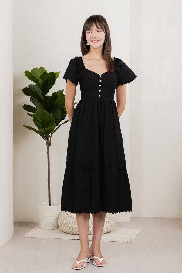 Vanya Embroidery Midi Dress In Black (XS)