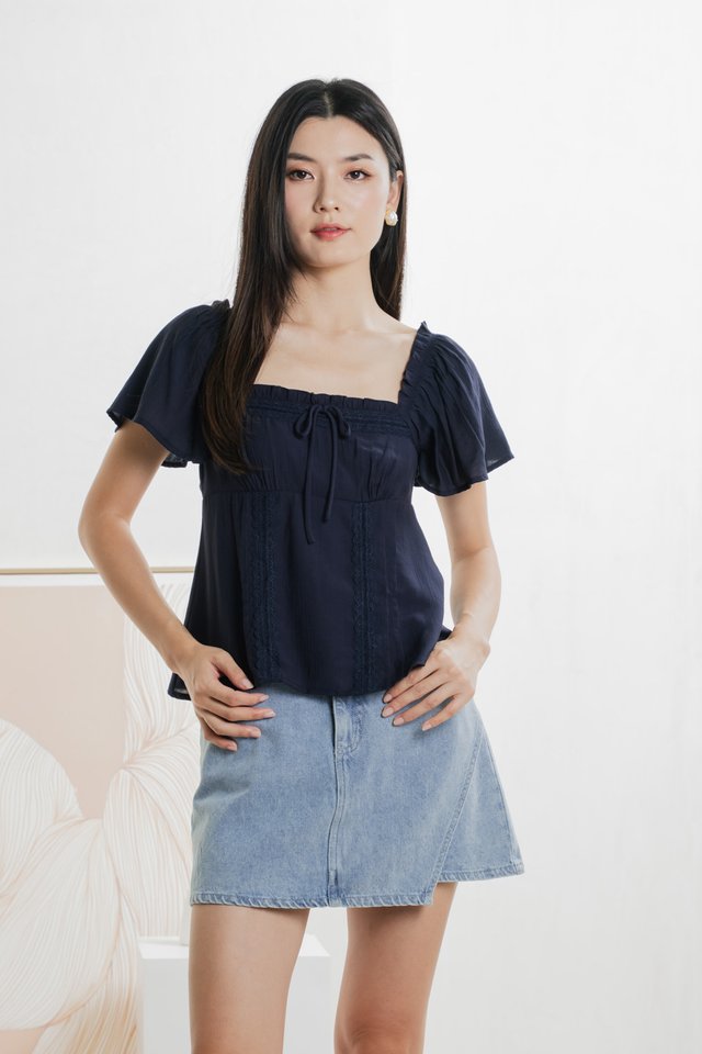Lidith Textured Ribbon Lace Top In Navy