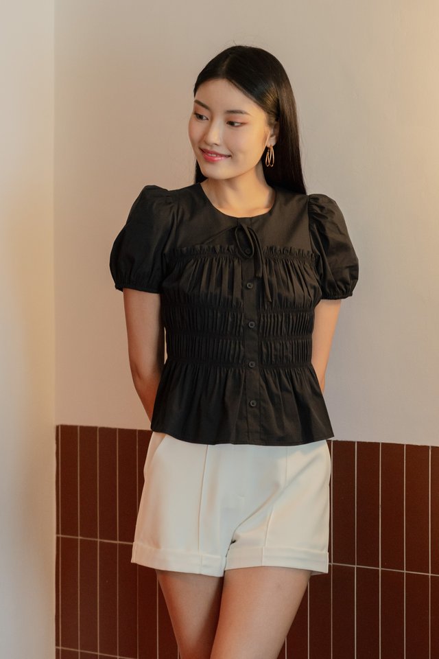 Hana Ruched Button Top In Black