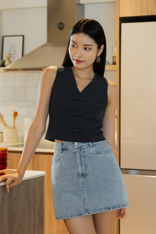 Harmony Ribbons Denim Skort In Light Wash