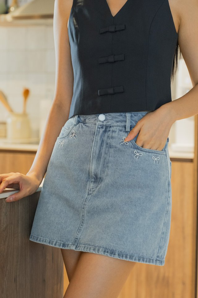Harmony Ribbons Denim Skort In Light Wash