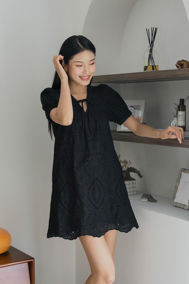 Exlee Eyelet Tie Ribbon Dress In Black