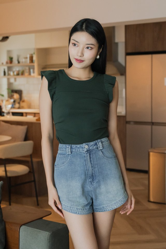 Winfred Side Ruched Cotton Top In Forest