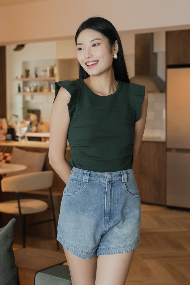 Winfred Side Ruched Cotton Top In Forest