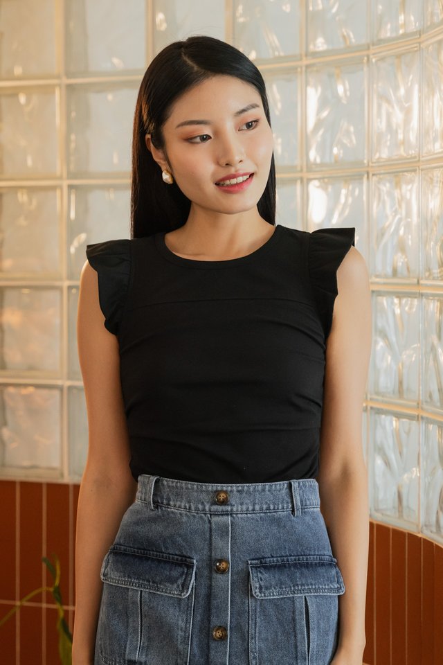Winfred Side Ruched Cotton Top In Black