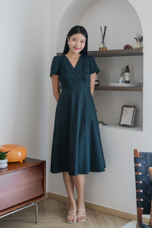Mal Pintuck Overlap Midi Dress In Emerald