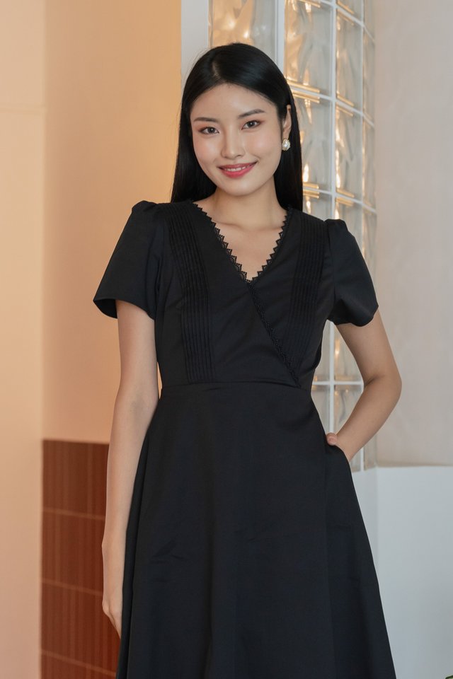 Mal Pintuck Overlap Midi Dress In Black