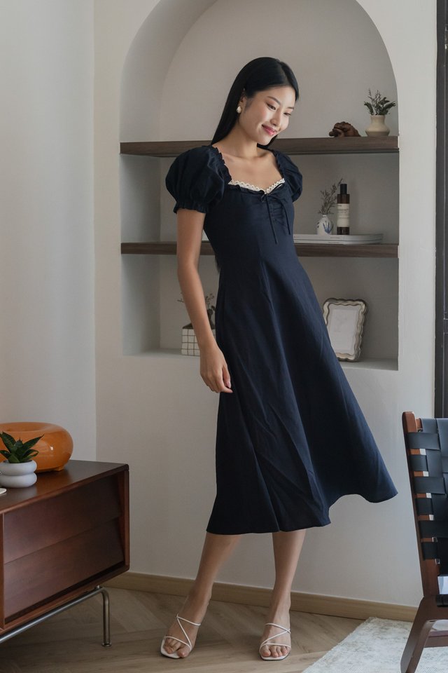 Phaedra Ribbon Lace Midi Dress In Navy