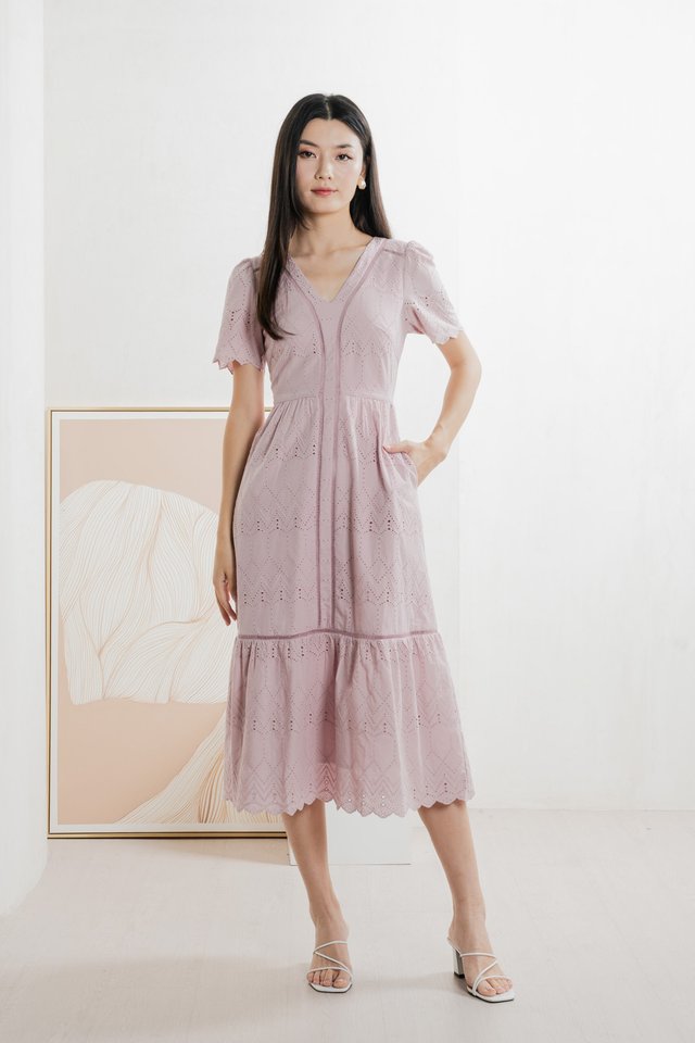 Lindsay Eyelet V neck Midi Dress In Pink