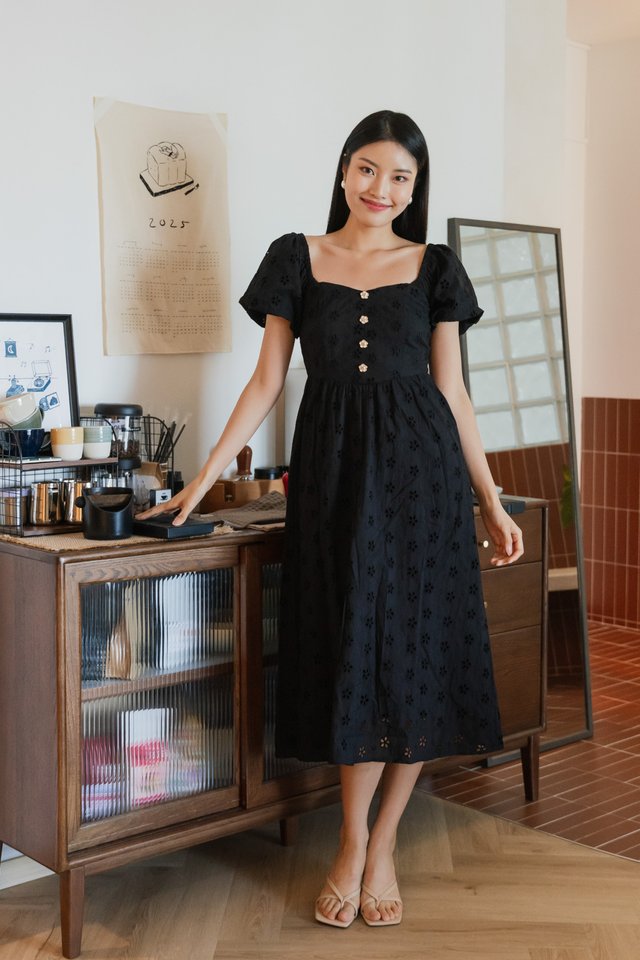 Noah Flower Button Eyelet Midi Dress In Black