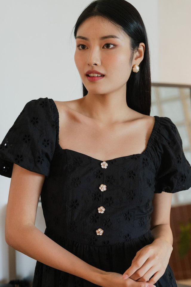 Noah Flower Button Eyelet Midi Dress In Black