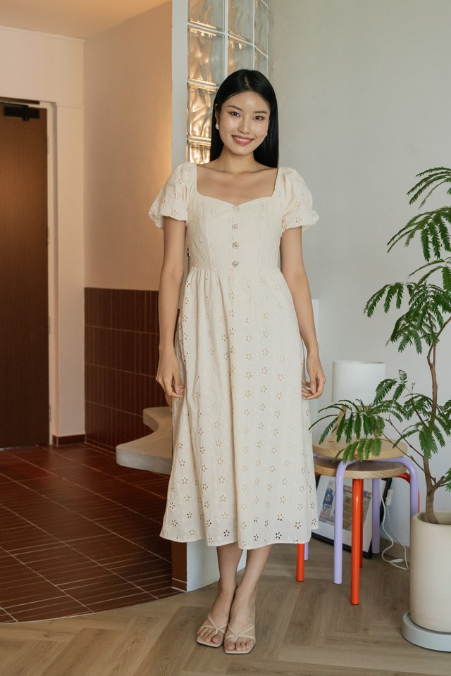 Noah Flower Button Eyelet Midi Dress In Cream