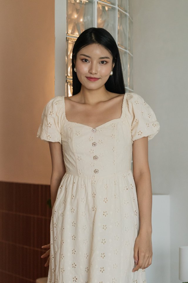 Noah Flower Button Eyelet Midi Dress In Cream