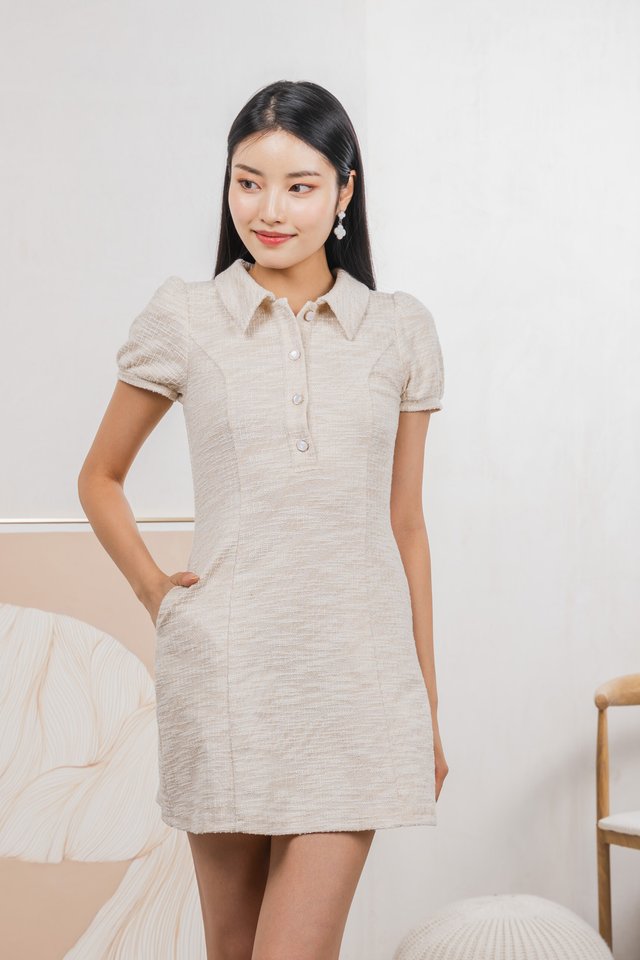 Jackie Tweed Button Shirt Dress In Cream