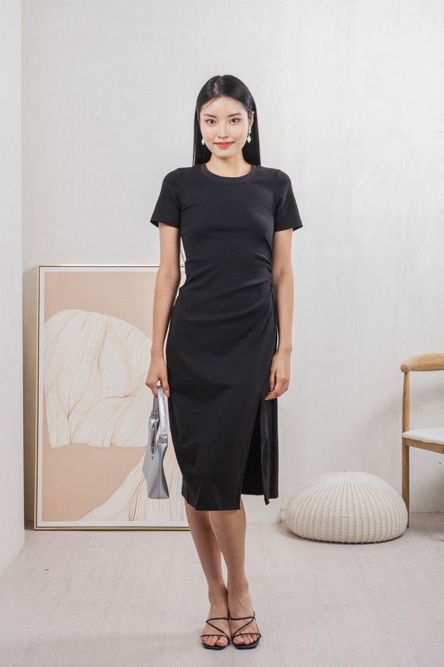 Osborn Side Ruched Midi Dress In Black