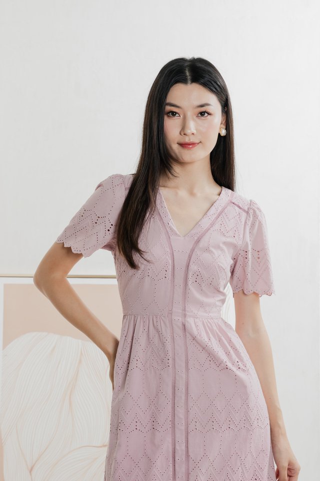 Lindsay Eyelet V neck Midi Dress In Pink